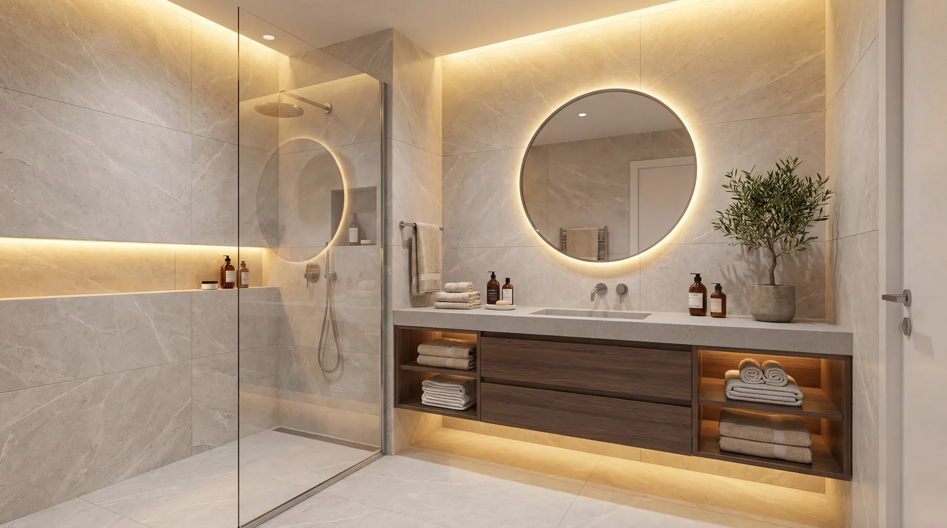 После: Ванная: голый бетон → мрамор, подсветка