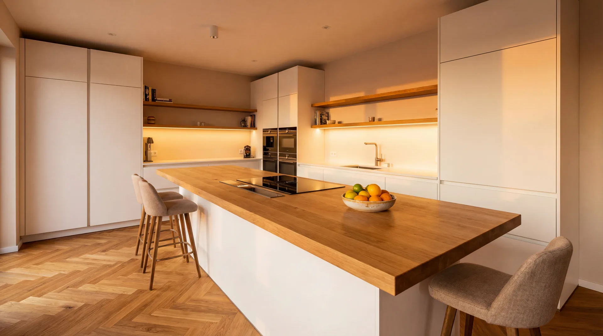 После: Кухня: черновая → белая с деревом, барная стойка