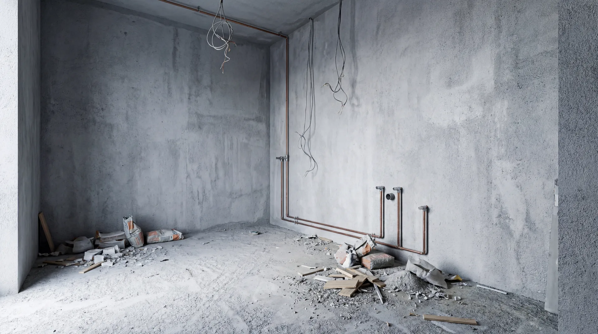 До: Ванная: голый бетон → мрамор, подсветка