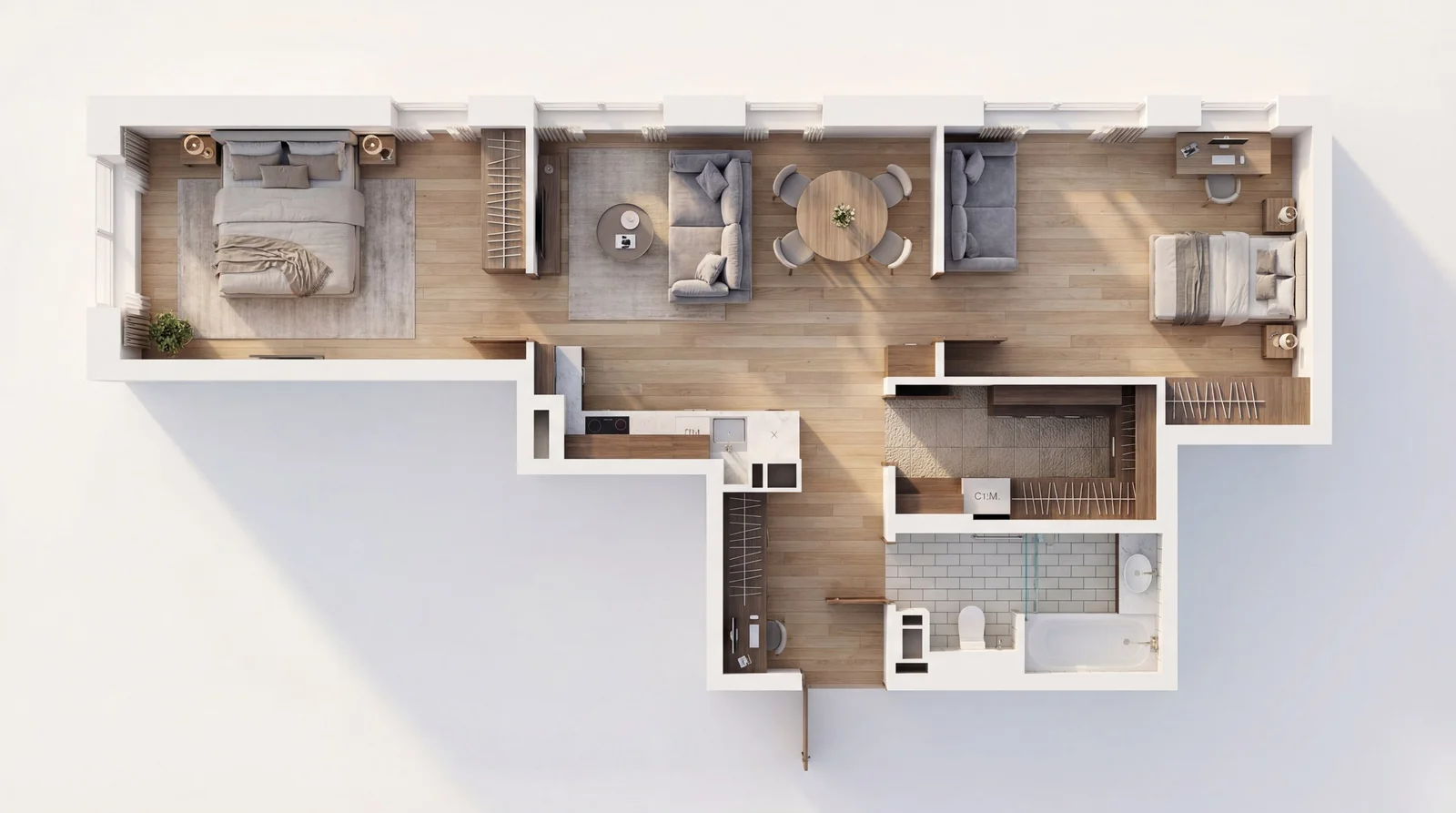 3D-планировка двухкомнатной квартиры 70 м²