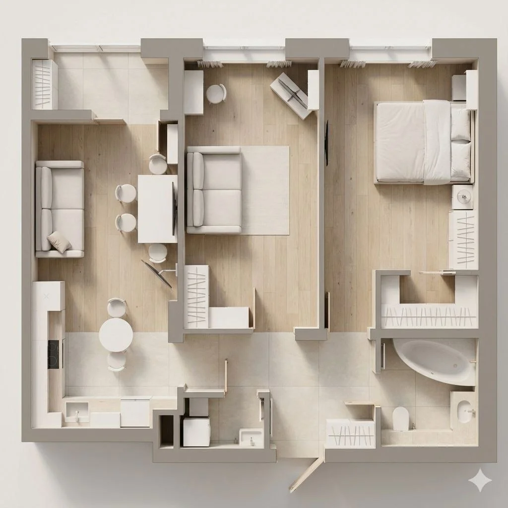 3D-планировка двухкомнатной квартиры 57 м²