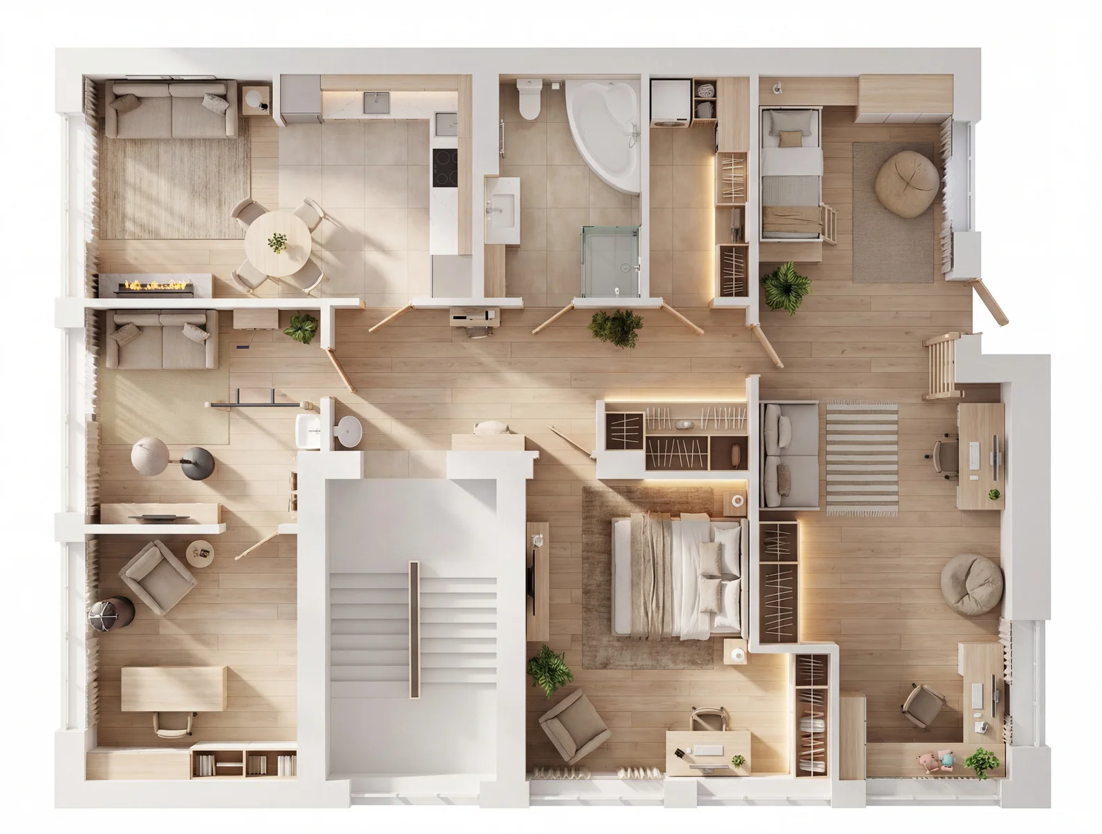 3D-планировка трёхкомнатной квартиры 95 м²