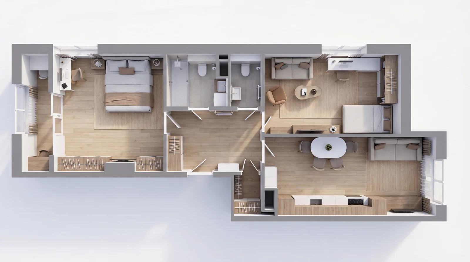 3D-планировка двухкомнатной квартиры 65 м²