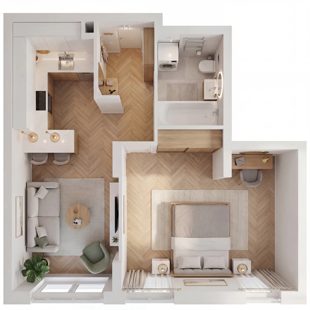 3D-планировка однокомнатной квартиры 48 м²