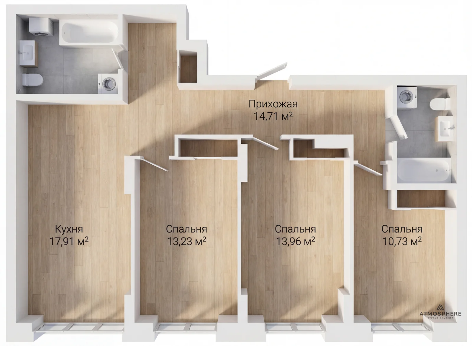 3D-планировка трёхкомнатной квартиры 81 м²